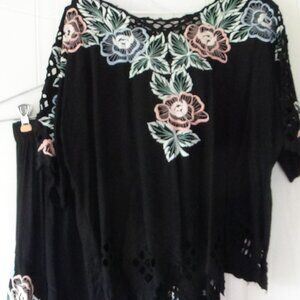 Bali Emerald Vintage 80s Floral Embroidered Boho Top and Skirt Set